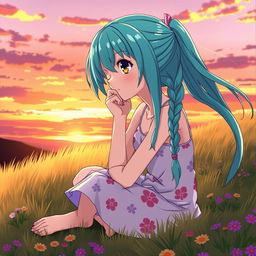 An anime character in a thoughtful pose, depicted as a young woman with long, flowing turquoise hair styled in braids