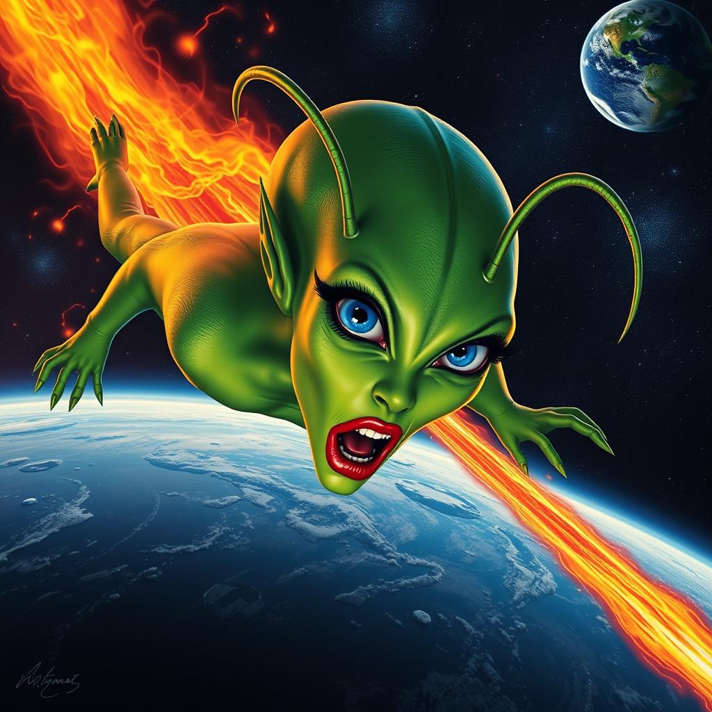 A stunning green alien woman with vibrant blue eyes, long graceful antennae, and striking red lips, plummeting from outer space towards Earth