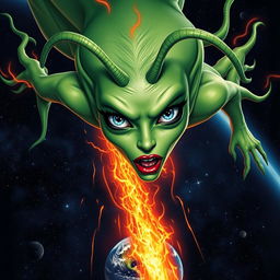 A stunning green alien woman with vibrant blue eyes, long graceful antennae, and striking red lips, plummeting from outer space towards Earth