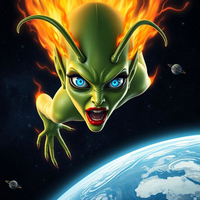 A stunning green alien woman with vibrant blue eyes, long graceful antennae, and striking red lips, plummeting from outer space towards Earth