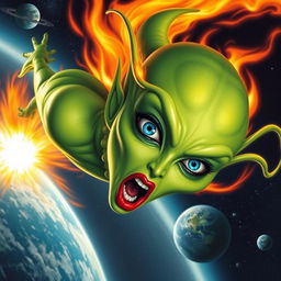 A stunning green alien woman with vibrant blue eyes, long graceful antennae, and striking red lips, plummeting from outer space towards Earth
