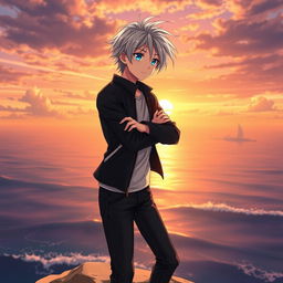 An anime character lost in thought, portrayed as a young man with striking silver hair and expressive blue eyes