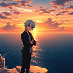 An anime character lost in thought, portrayed as a young man with striking silver hair and expressive blue eyes