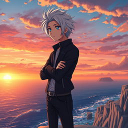 An anime character lost in thought, portrayed as a young man with striking silver hair and expressive blue eyes
