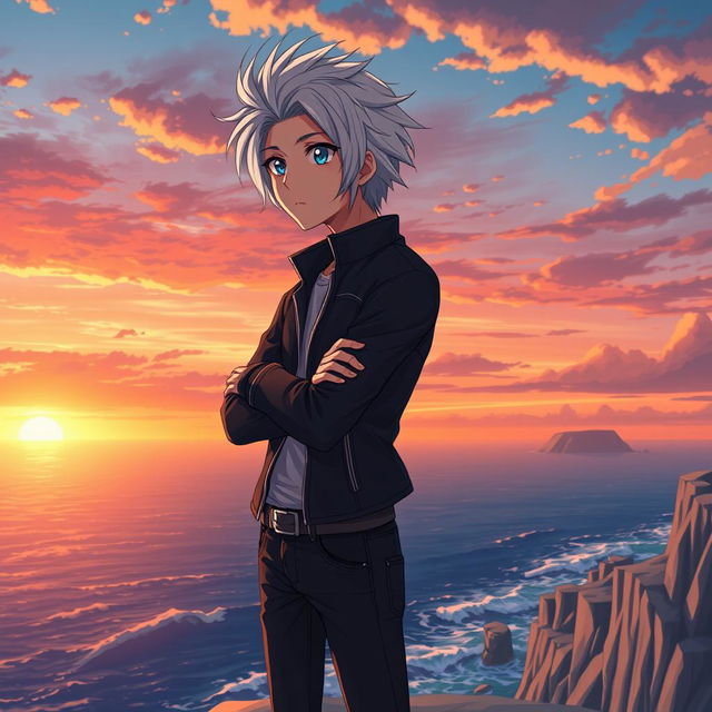 An anime character lost in thought, portrayed as a young man with striking silver hair and expressive blue eyes