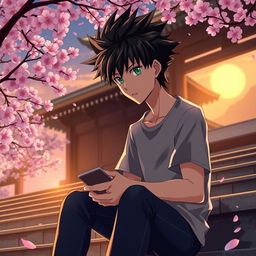 An anime character deep in thought, portrayed as a young man with spiky black hair and piercing green eyes