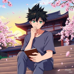An anime character deep in thought, portrayed as a young man with spiky black hair and piercing green eyes