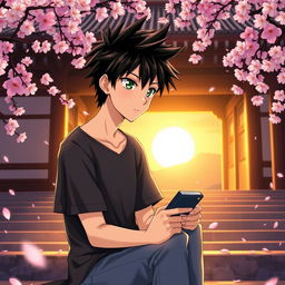 An anime character deep in thought, portrayed as a young man with spiky black hair and piercing green eyes