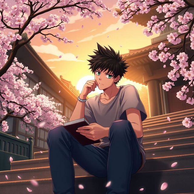 An anime character deep in thought, portrayed as a young man with spiky black hair and piercing green eyes