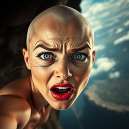 A beautiful bald woman with striking blue eyes and vibrant red lips, portrayed with a look of terror as she falls off a cliff