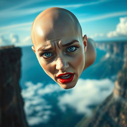 A beautiful bald woman with striking blue eyes and vibrant red lips, portrayed with a look of terror as she falls off a cliff