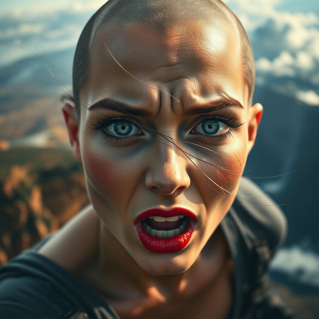 A beautiful bald woman with striking blue eyes and vibrant red lips, portrayed with a look of terror as she falls off a cliff