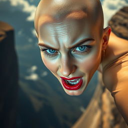 A beautiful bald woman with striking blue eyes and vibrant red lips, portrayed with a look of terror as she falls off a cliff