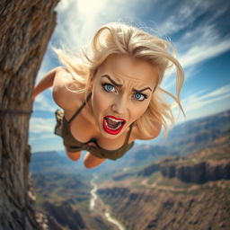 A beautiful blonde woman with striking blue eyes and vibrant red lips, wearing a revealing dress, is dramatically falling off a cliff