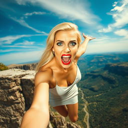 A beautiful blonde woman with striking blue eyes and vibrant red lips, wearing a revealing dress, is dramatically falling off a cliff