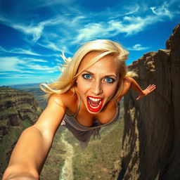 A beautiful blonde woman with striking blue eyes and vibrant red lips, wearing a revealing dress, is dramatically falling off a cliff