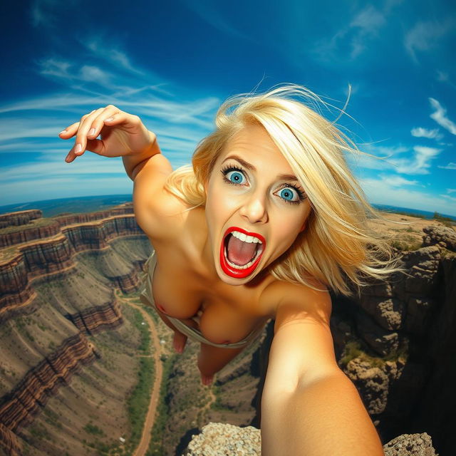 A beautiful blonde woman with striking blue eyes and vibrant red lips, wearing a revealing dress, is dramatically falling off a cliff