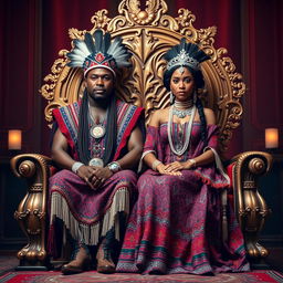A young, beautiful Black Native American king and queen sitting majestically on an ornate, magnificent throne