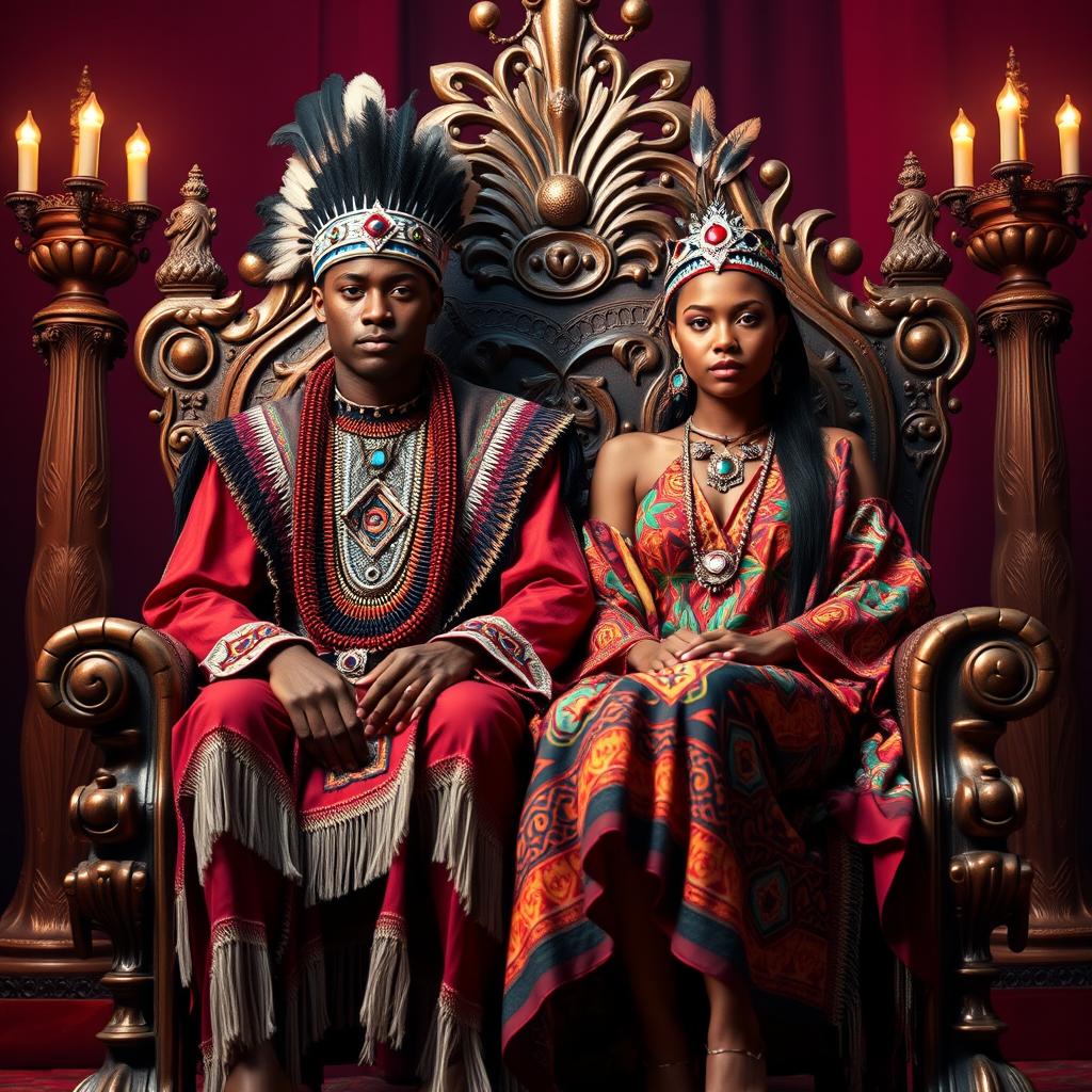 A young, beautiful Black Native American king and queen sitting majestically on an ornate, magnificent throne
