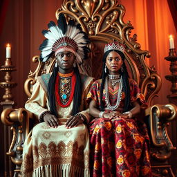 A young, beautiful Black Native American king and queen sitting majestically on an ornate, magnificent throne