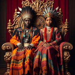 A young, beautiful Black Native American king and queen sitting majestically on an ornate, magnificent throne