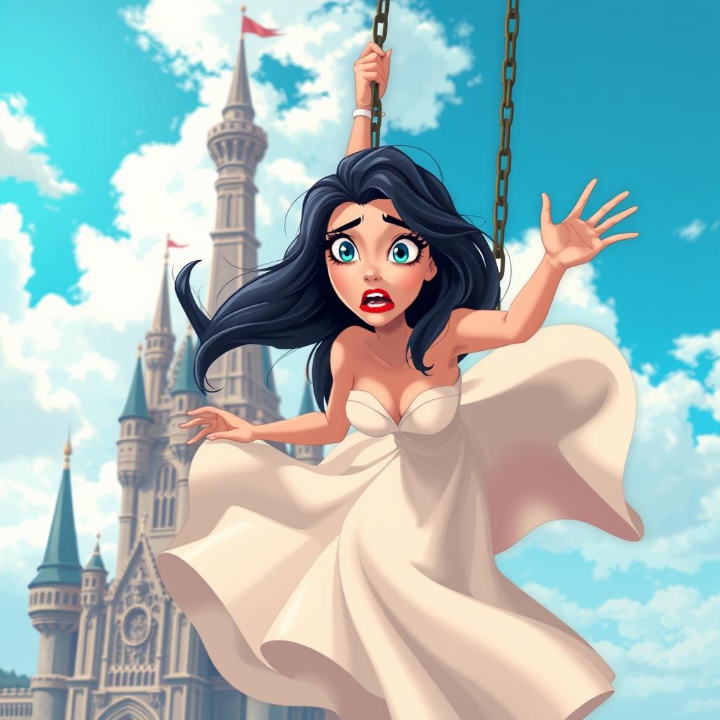 A beautiful cartoon-style damsel with vibrant blue eyes and striking red lips, depicted in a dramatic scene as she falls from an ornate castle