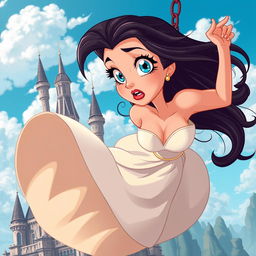 A beautiful cartoon-style damsel with vibrant blue eyes and striking red lips, depicted in a dramatic scene as she falls from an ornate castle