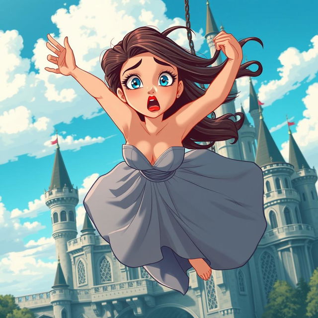 A beautiful cartoon-style damsel with vibrant blue eyes and striking red lips, depicted in a dramatic scene as she falls from an ornate castle