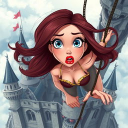 A beautiful animated toon damsel with striking blue eyes and vibrant red lips, depicted in a dramatic scene as she tumbles from a towering castle