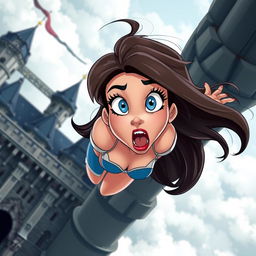 A beautiful animated toon damsel with striking blue eyes and vibrant red lips, depicted in a dramatic scene as she tumbles from a towering castle