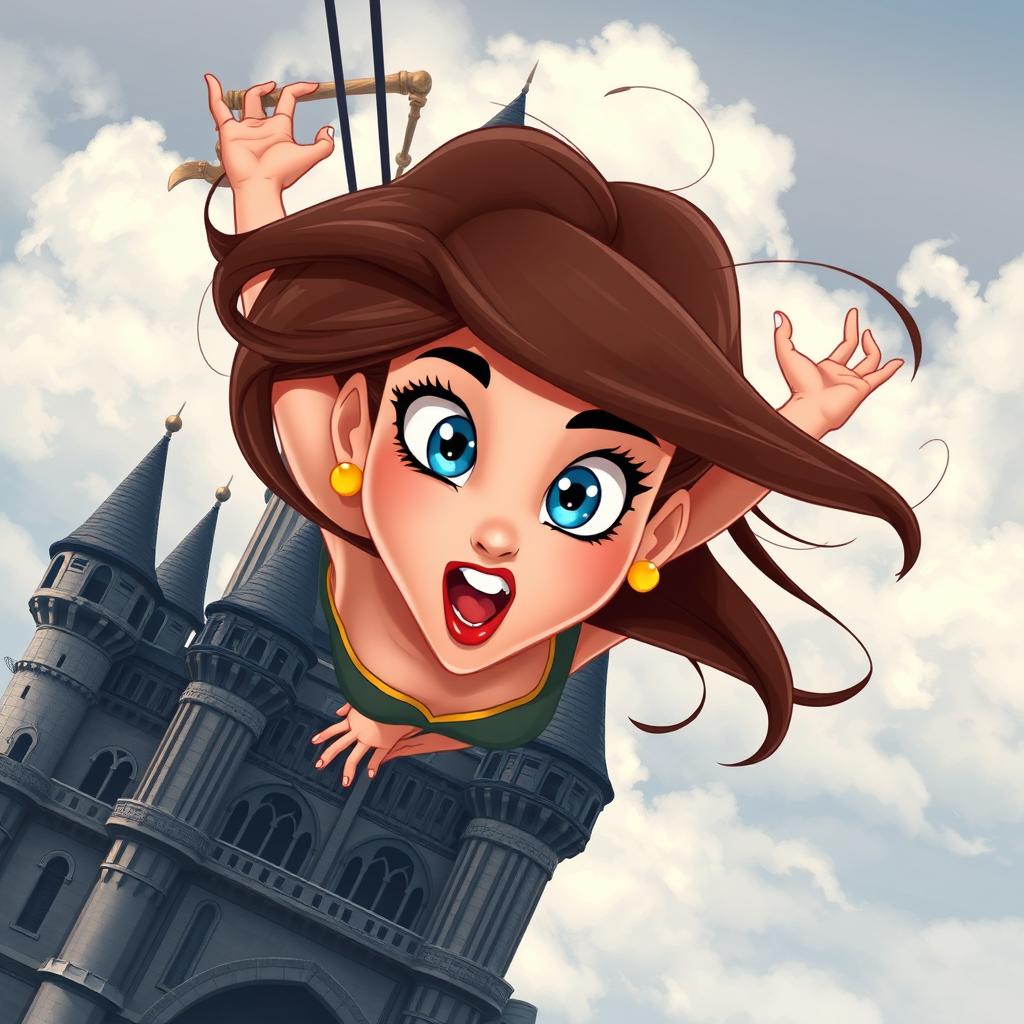 A beautiful animated toon damsel with striking blue eyes and vibrant red lips, depicted in a dramatic scene as she tumbles from a towering castle