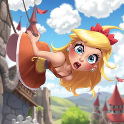 A beautiful blonde toon damsel with large blue eyes and striking red lips, wearing a whimsical, colorful dress