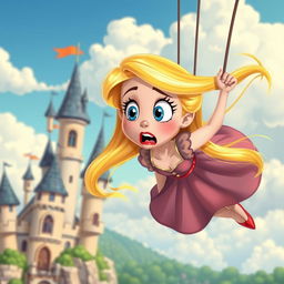A beautiful blonde toon damsel with large blue eyes and striking red lips, wearing a whimsical, colorful dress
