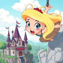 A beautiful blonde toon damsel with large blue eyes and striking red lips, wearing a whimsical, colorful dress