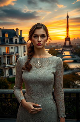 A young woman, born in a wealthy family in Paris, elegantly dressed, standing in front of a lavish Parisian mansion
