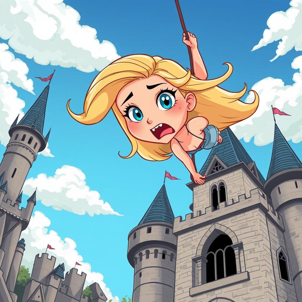 A beautiful blonde cartoon damsel with striking blue eyes and vibrant red lips, illustrated in a whimsical style, falling from a tall castle