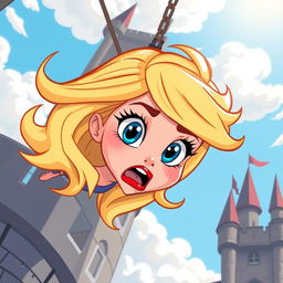 A beautiful blonde cartoon damsel with striking blue eyes and vibrant red lips, illustrated in a whimsical style, falling from a tall castle