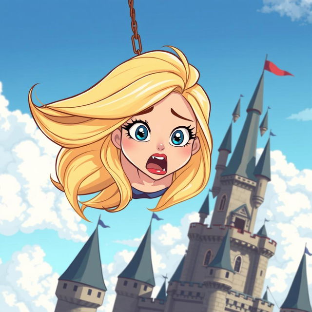 A beautiful blonde cartoon damsel with striking blue eyes and vibrant red lips, illustrated in a whimsical style, falling from a tall castle