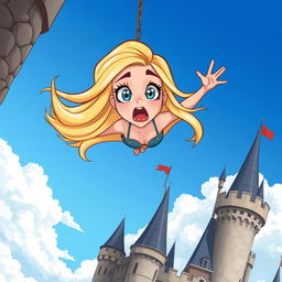A beautiful blonde cartoon damsel with striking blue eyes and vibrant red lips, illustrated in a whimsical style, falling from a tall castle