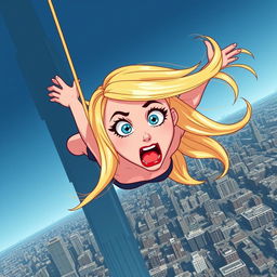 A beautiful blonde cartoon damsel with striking blue eyes and vibrant red lips, depicted mid-fall from a towering skyscraper