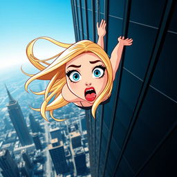 A beautiful blonde cartoon damsel with striking blue eyes and vibrant red lips, depicted mid-fall from a towering skyscraper