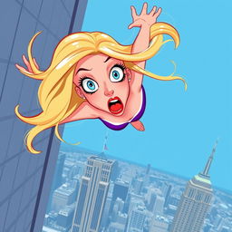 A beautiful blonde cartoon damsel with striking blue eyes and vibrant red lips, depicted mid-fall from a towering skyscraper