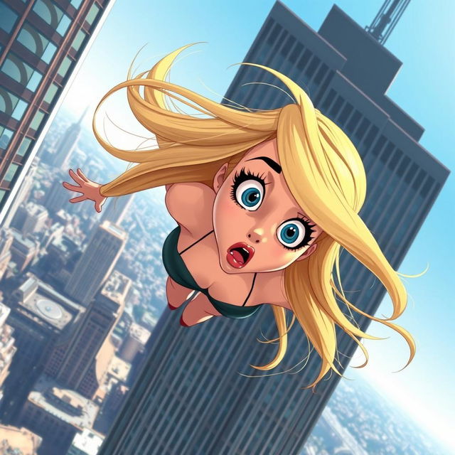 A beautiful blonde cartoon damsel with striking blue eyes and vibrant red lips, depicted mid-fall from a towering skyscraper