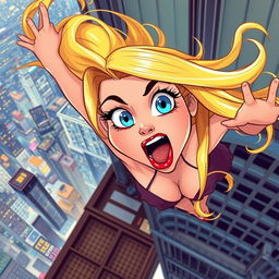 A beautiful blonde cartoon damsel with sparkling blue eyes and vivid red lips, depicted mid-fall from a skyscraper