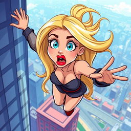 A beautiful blonde cartoon damsel with sparkling blue eyes and vivid red lips, depicted mid-fall from a skyscraper