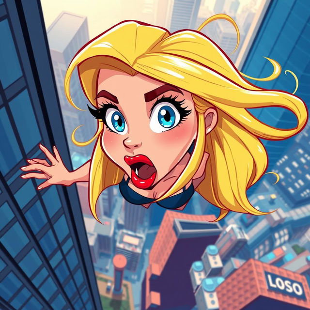 A beautiful blonde cartoon damsel with sparkling blue eyes and vivid red lips, depicted mid-fall from a skyscraper