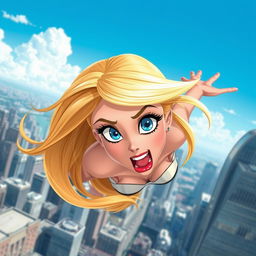 A beautiful blonde toon damsel with striking blue eyes and luscious red lips, captured in a moment of dramatic tension as she falls from a towering skyscraper