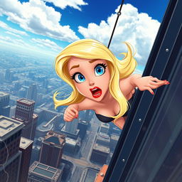 A beautiful blonde toon damsel with striking blue eyes and luscious red lips, captured in a moment of dramatic tension as she falls from a towering skyscraper