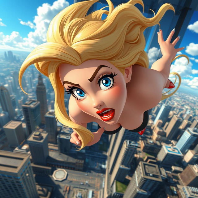 A beautiful blonde toon damsel with striking blue eyes and luscious red lips, captured in a moment of dramatic tension as she falls from a towering skyscraper