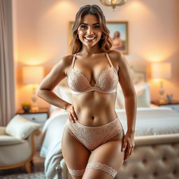 A confident young woman standing in a stylish bedroom with bright, inviting colors